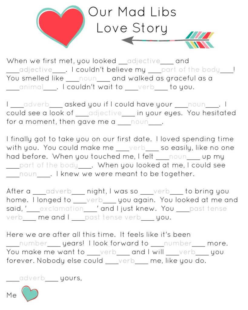 Mad Libs Love Story ~ Free Printable www.oneshetwoshe.com