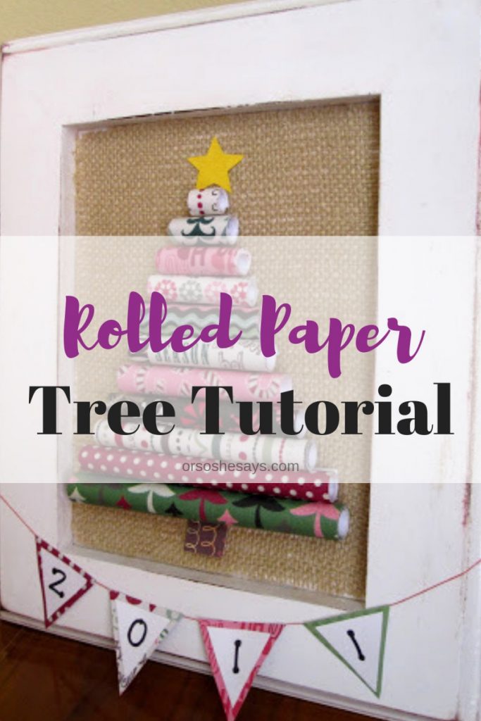 Using scraps of wrapping paper, you can whip up a rolled paper tree in minutes! Attach to decorative paper and insert into a frame, and voila! You're done! www.orsoshesays.com #christmas #christmastree #DIY #rolledpapertree #crafts #decor #merrychristmas