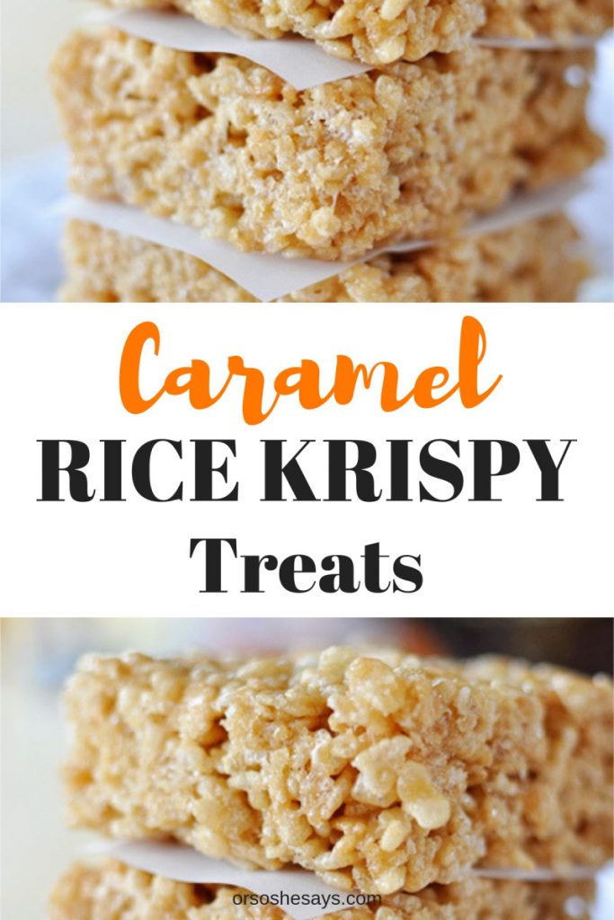 Caramel Rice Krispy Treats are a fun spin on a family favorite. Get the recipe on www.orsoshesays.com #ricekrispytreats #halloweentreats #recipe #dessert