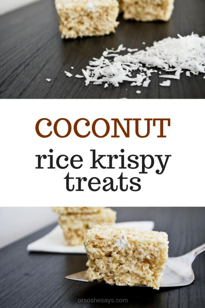 these coconut rice krispy treats are winners. The toasted coconut adds that awesome nutty flavor as well as pumps up the soft chewiness of these treats. Get the recipe on www.orsoshesays.com #recipe #dessert #treats #coconut #ricekrsipytreats #coconutricekrispytreats
