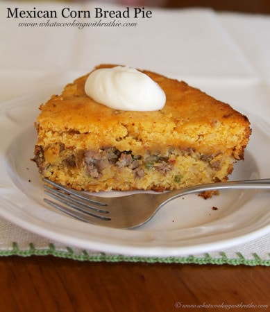 Mexican Corn Bread Pie by www.whatscookingwithruthie.com
