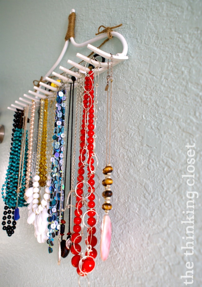 DIY Rake Necklace Hanger by The Thinking Closet