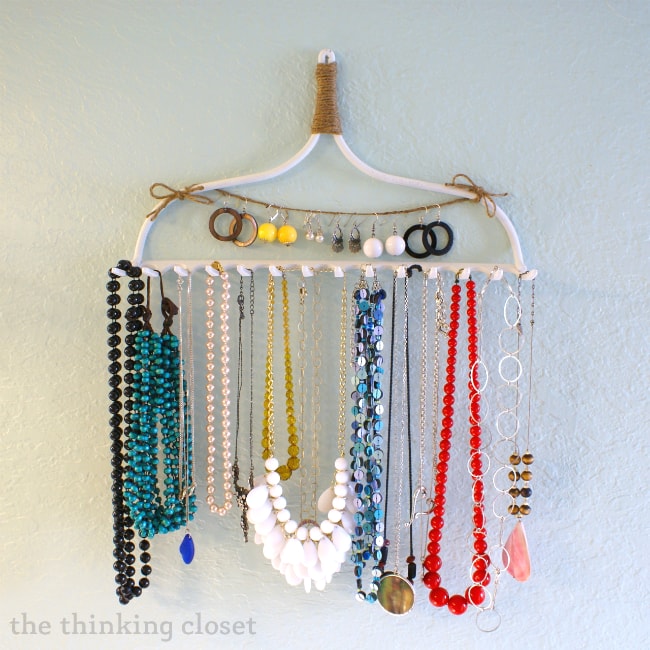 DIY Rake Necklace Hanger by The Thinking Closet