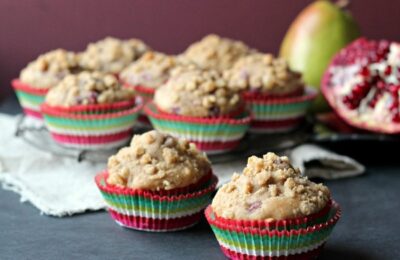 Skinny Pomegranate Pear Muffins with Ginger Oat Streusel | Baking a Moment