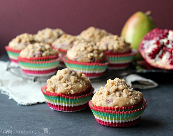 Skinny Pomegranate Pear Muffins with Ginger Oat Streusel | Baking a Moment