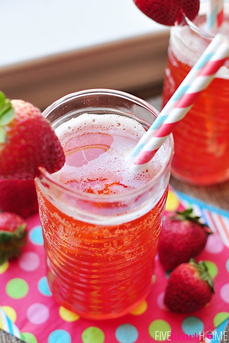Homemade Strawberry Syrup {for} Strawberry Soda ~ this simple-to-make syrup is also good on ice cream, pound cake, waffles, and more! | FiveHeartHome.com for OneSheTwoShe.com