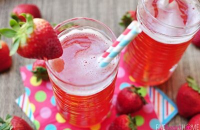 Homemade Strawberry Syrup {for} Strawberry Soda ~ this simple-to-make syrup is also good on ice cream, pound cake, waffles, and more! | FiveHeartHome.com for OneSheTwoShe.com