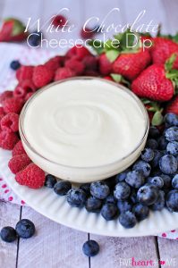 White Chocolate Cheesecake Dip ~ melted white chocolate, blended with cream cheese and fresh whipped cream, makes an effortless, delicious fruit dip | FiveHeartHome.com for OneSheTwoShe.com