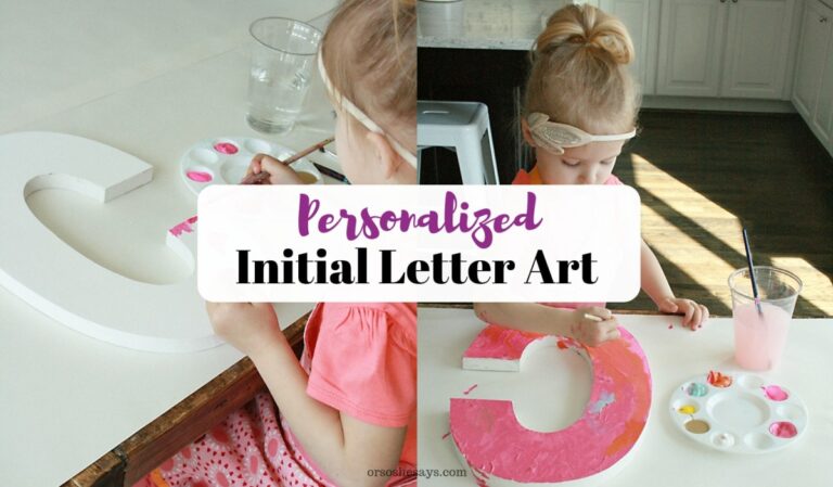 Personalized Initial Letter Art on www.orsoshesays.com. A fun project to do with (or without!) the kids. #initialart #letterart #lettering #homedecor #DIY #crafts