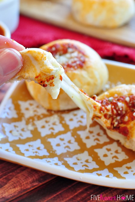 Mozzarella Bubble Biscuits ~ stuffed with gooey melted cheese, these make a perfect appetizer, snack, or accompaniment to Italian fare | FiveHeartHome.com for OneSheTwoShe.com