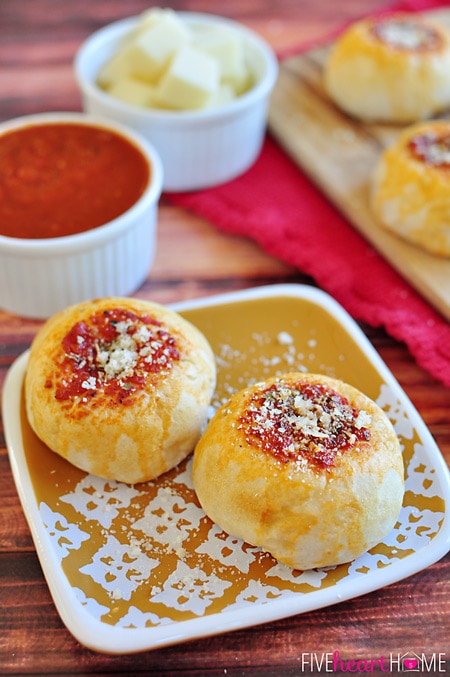 Mozzarella Bubble Biscuits ~ stuffed with gooey melted cheese, these make a perfect appetizer, snack, or accompaniment to Italian fare | FiveHeartHome.com for OneSheTwoShe.com