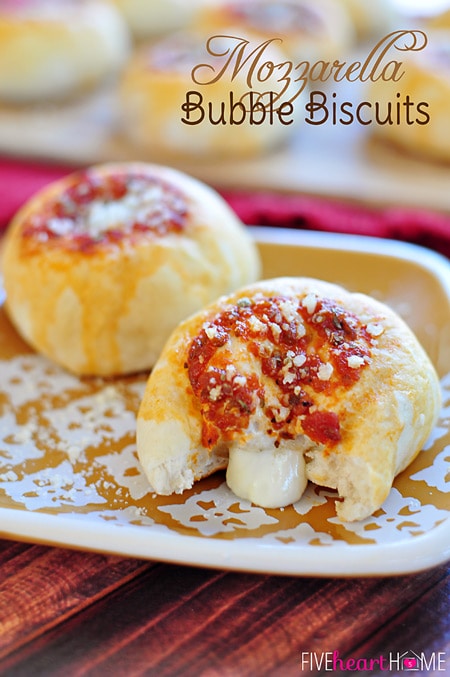 Mozzarella Bubble Biscuits ~ stuffed with gooey melted cheese, these make a perfect appetizer, snack, or accompaniment to Italian fare | FiveHeartHome.com for OneSheTwoShe.com