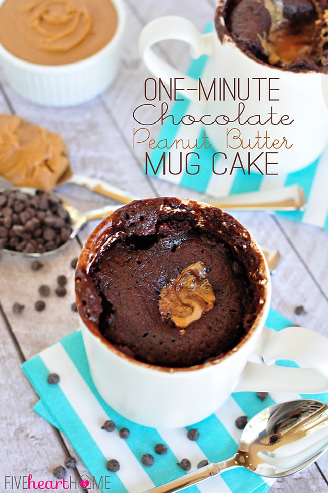 One-Minute Chocolate Peanut Butter Mug Cake | FiveHeartHome.com