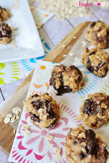 No-Bake Peanut Butter Chocolate Chunk Cookies | FiveHeartHome.com for OneSheTwoShe.com