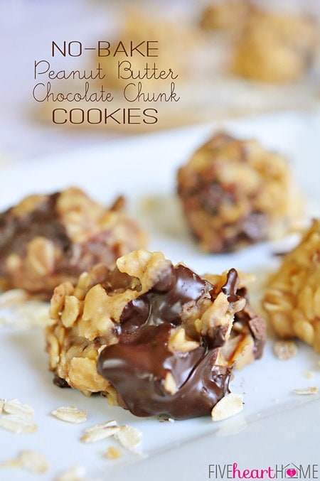 No-Bake Peanut Butter Chocolate Chunk Cookies | FiveHeartHome.com for OneSheTwoShe.com