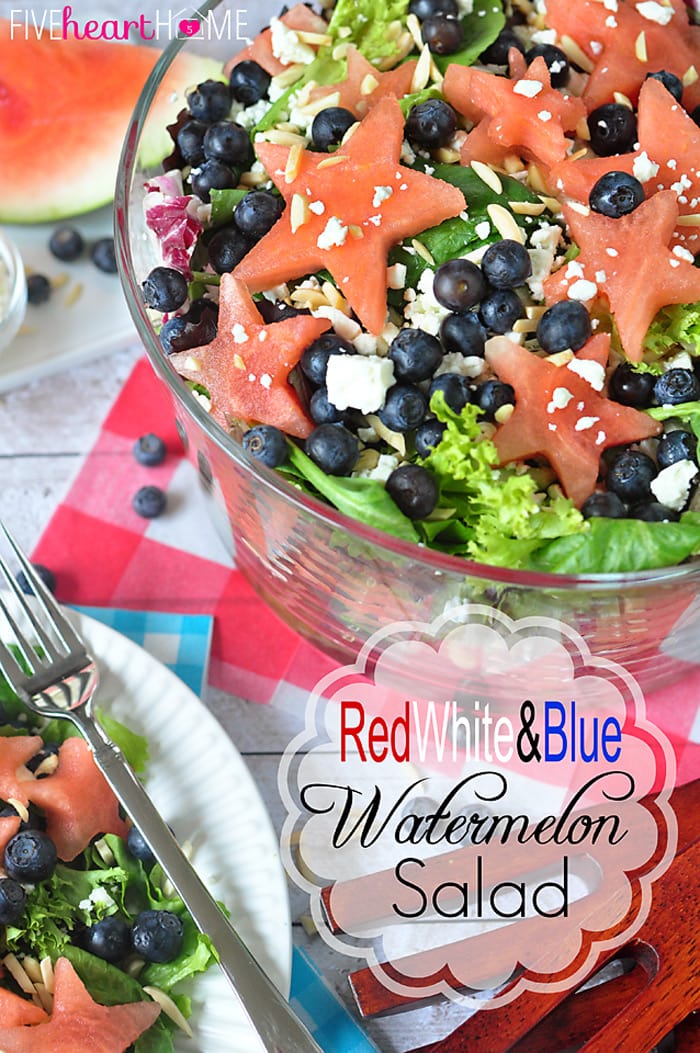Red, White, & Blue Watermelon Salad with Watermelon Vinaigrette | FiveHeartHome.com