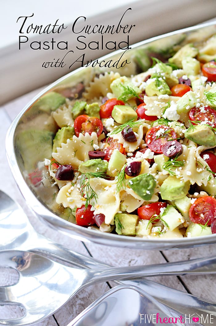 Tomato Cucumber Pasta Salad with Avocado, Olives, Feta, and Dill | FiveHeartHome.com