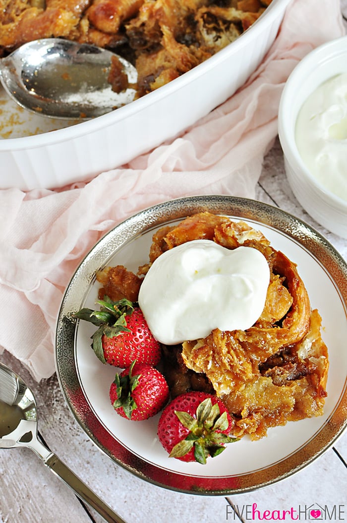 Easy Caramel Croissant Bread Pudding | FiveHeartHome.com for OneSheTwoShe.com