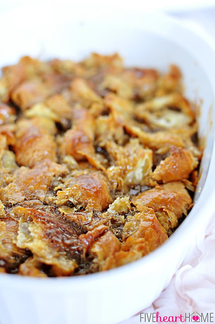 Easy Caramel Croissant Bread Pudding | FiveHeartHome.com for OneSheTwoShe.com