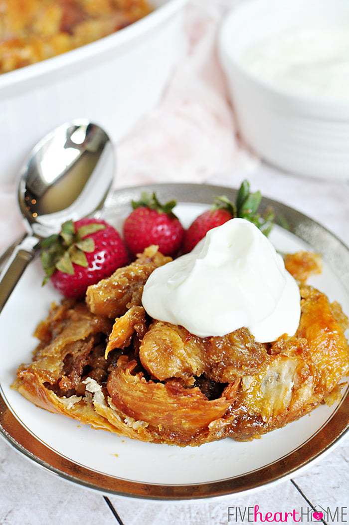 Easy Caramel Croissant Bread Pudding | FiveHeartHome.com for OneSheTwoShe.com