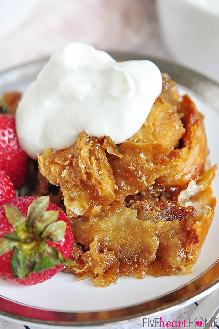 Easy Caramel Croissant Bread Pudding | FiveHeartHome.com for OneSheTwoShe.com