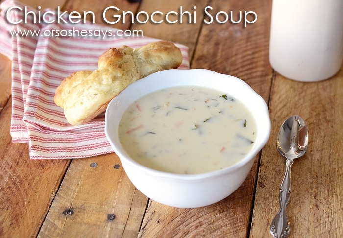 This Chicken Gnocchi Soup is a favorite Olive Garden copycat recipe. It's a perfect winter soup that's easy-to-make and family friendly! www.orsoshesays.com #chickensoup #gnocchi #olivegarden #chickengnocchisoup #soup 