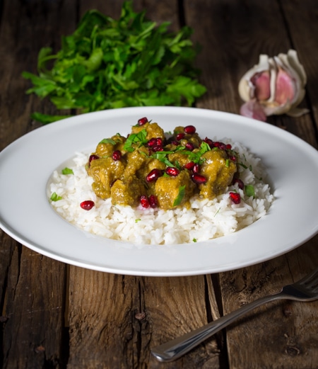 Persian Chicken (Fesenjan) with Pomegranate Jewels - An impressive freezer recipe made with ground nuts and pomegranate molasses. Ready in 40 minutes.