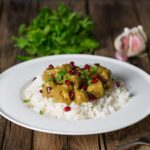 Persian Chicken (Fesenjan) with Pomegranate Jewels - An impressive freezer recipe made with ground nuts and pomegranate molasses. Ready in 40 minutes.