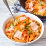 Fettuccine in a Creamy Tomato Sauce with Salmon - on the table in 15 minutes.