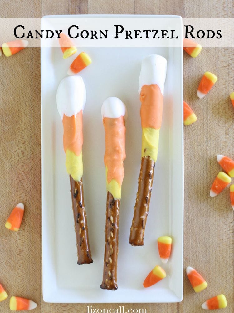 These candy corn pretzel rods are so easy to make. The kids can help make them too. They are fun for a Halloween party, or to pass out to neighbors and friends.