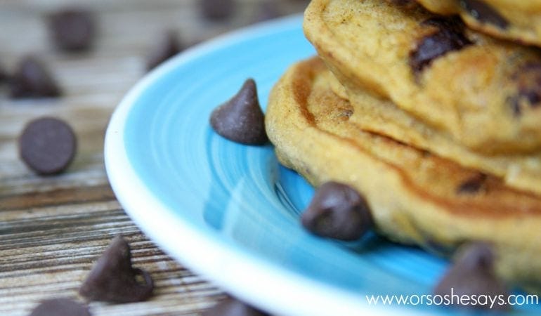 Pumpkin Chocolate Chip Pancakes...made with a mix!  Just add a few ingredients and you have a hot, homemade breakfast that tastes like Fall!