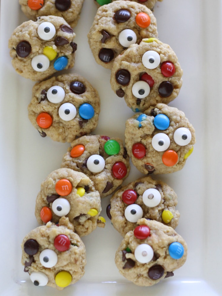 We added candy eyes to our mini monster cookies for added fun
