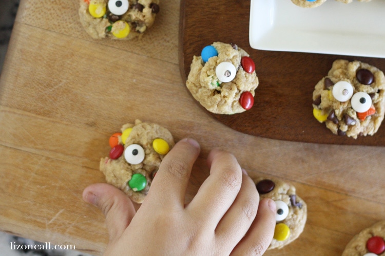 We added candy eyes to our mini monster cookies for added fun