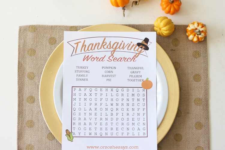 Free printable Thanksgiving word search for (older) kids at www.orsoshesays.com