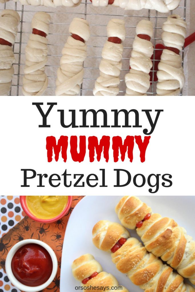 Mummy Pretzel Dogs - The Perfect Halloween Dinner for Kids! www.orsoshesays.com #halloween #recipe #hotdogs #trickortreat