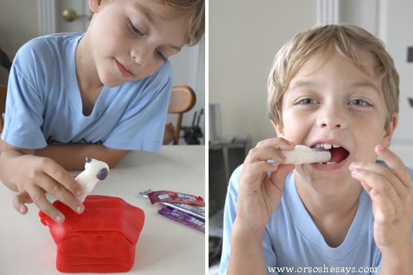 Make snoopy's dog house with your kiddos using Airheads candy