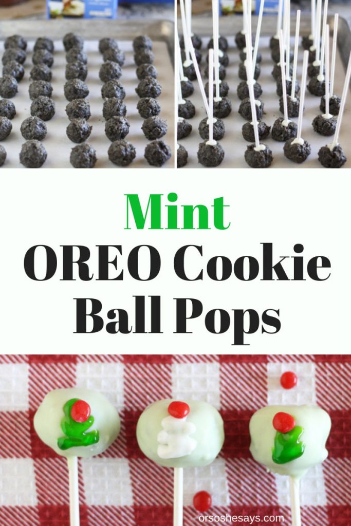 Recipe and tutorial to make these super cute and yummy Christmas Tree Oreo Cookie ball pops. www.orsoshesays.com #oreo #cakepops #cookiepops #oreocookiepops #mintoreo #christmas #recipe