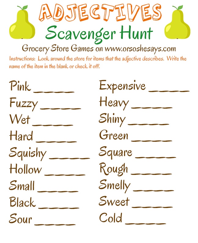 Oooooh, I love these Grocery Store Games on 'Or so she says...' My kids love printing them and bringing them to the grocery store with me. They love that they're entertained and I love getting my shopping done! This is the Adjectives Grocery Store Game but there are others too. www.orsoshesays.com