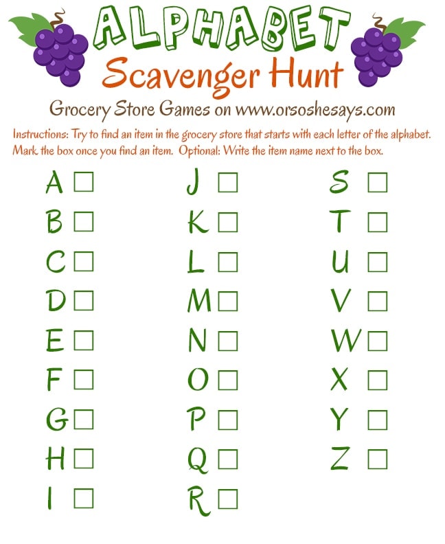 This is such a fun way to keep the kiddos entertained at the grocery store, so I can shop! The Alphabet Scavenger Hunt is great for kids, both old and young. I also love the Color Scavenger Hunt! www.orsoshesays.com