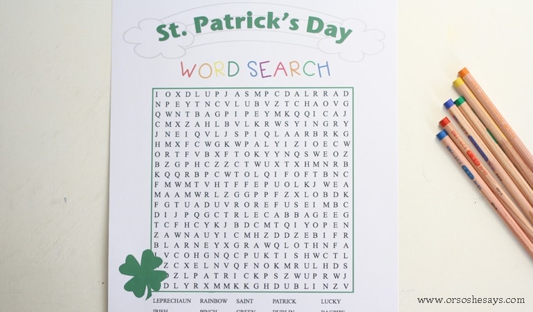 Free printable St. Patrick's Day word search for kids