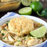 white chicken chili with mozzarella biscuits