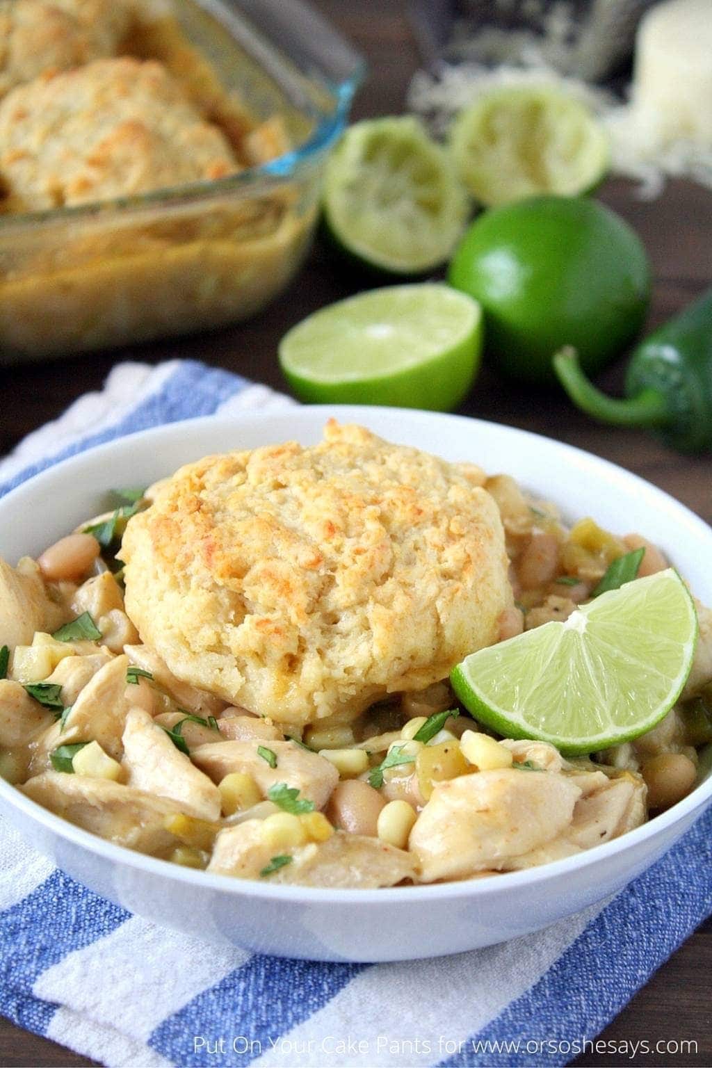 white chicken chili with mozzarella biscuits