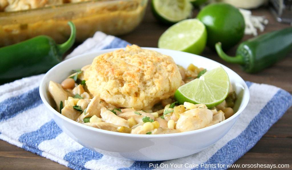 white chicken chili with mozzarella biscuits