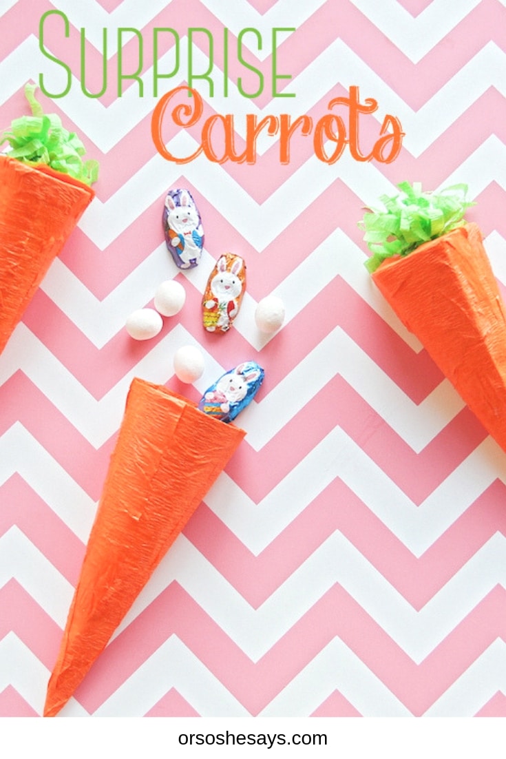 Surprise Carrots on www.orsoshesays. Perfect for #Easter and #spring. Make this easy DIY with the kids.