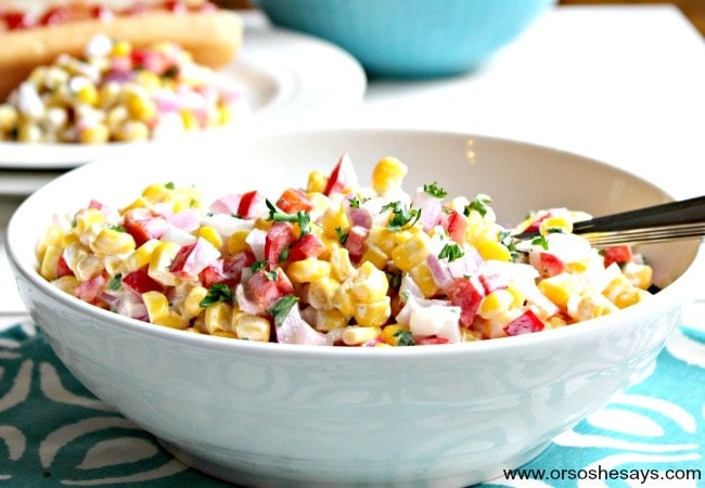This corn salad only calls for 5 ingredients, so it's easy to cater to your family's favorite tastes. Find the recipe at www.orsoshesays.com.