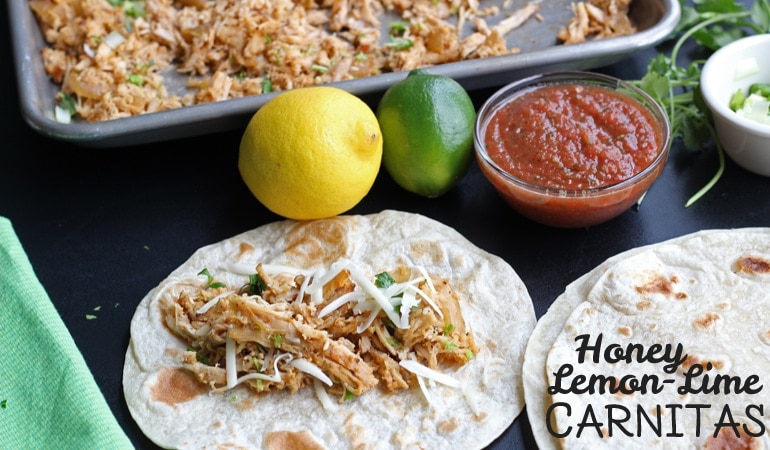 Get the fresh, citrus flavors of summer on your family's plates with Leesh & Lu's Honey Lemon Lime Carnitas! Find the recipe on www.orsoshesays.com today.