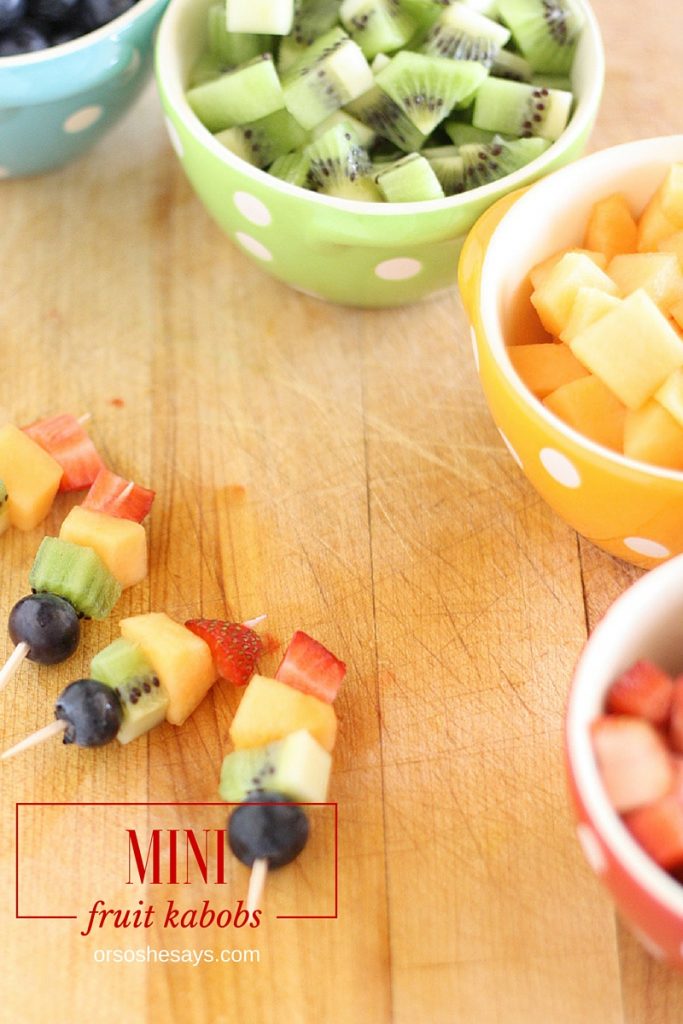 Summer fruit is in season and it is the perfect snack for kids. Get them excited about eating healthy and make some mini fruit kabobs together. www.orsoshesays.com #recipes #summer #healthy #fruitkabobs