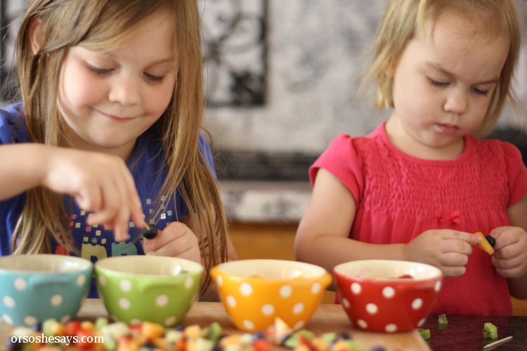 Summer fruit is in season and it is the perfect snack for kids. Get them excited about eating healthy and make some mini fruit kabobs together. www.orsoshesays.com #recipes #summer #healthy #fruitkabobs