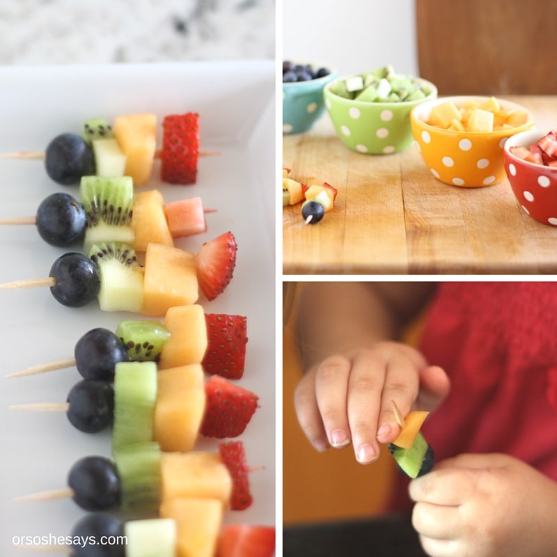 Summer fruit is in season and it is the perfect snack for kids. Get them excited about eating healthy and make some mini fruit kabobs together. www.orsoshesays.com #recipes #summer #healthy #fruitkabobs