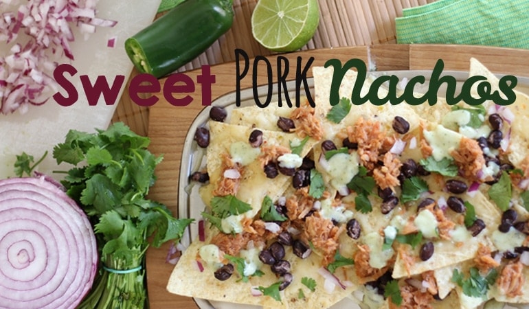 Sweet Pork Nachos baked in the oven is a fun twist on a family favorite - there's just something about scooping up the goodness with a chip that makes this so much fun to eat!